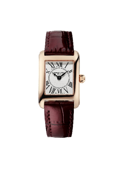 Stainless Steel Rectangle Case with Rose Gold Finish; 4-Jewel Quartz with FC-200 Movement; Sapphire Crystal; Black Roman Numerals on Silver Dial with Guilloche Centre; Burgundy Leather Crocodile Printed Strap; Carree Classic Collection; Swiss Made; M