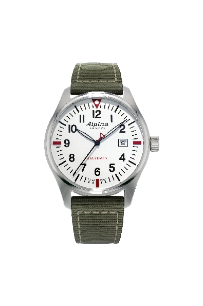 Startimer Pilot Heritage Quartz Watch; AL-240 Caliber Movement; Brushed Stainless Steel Case; 42mm Diameter; Sapphire Crystal; White Dial with Black Markers; Black Second Hand with Red Triangle; Date Window; Green Nylon Strap with White Stitching; Wa