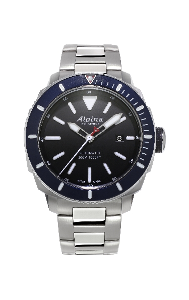 Seastrong Diver 300 Automatic Watch; AL-525 Caliber Movement; Brushed and Polished Stainless Steel Case; 44mm Diameter; Navy Blue Diving Bezel; Sapphire Crystal; Black Dial; White Markers; Polished Silver Second Hand with Red Triangle; Date Window; 3
