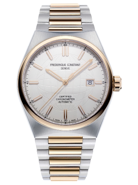 Stainless Steel Two-tone with Rose Gold Finish 41mm Round Case; 26-Jewel Automatic with FC-303 Movement; COSC Certified; Sapphire Crystal; Rose and White Indexes; White Embossed Globe Pattern on White Dial; Stainless Steel Two-tone Rose Gold Finish S