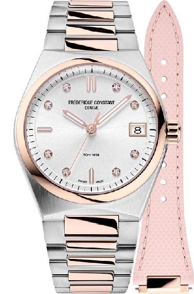 Stainless Steel 31mm Round Case; Sapphire Crystal; 8 Diamonds VS Clarity; H Colour on Silver Dial; Rose and White Indexes; Stainless Steel Two-tone Strap with Deployant Buckle; Light Pink Strap Additional; Highlife Collection; Swiss Made; Model FC-24