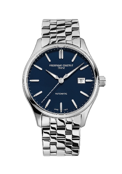 Stainless Steel 40mm Round Case; 26-Jewel Automatic with FC-303 Movement; Sapphire Crystal; White and Silver Indexes on Matte Blue Dial; Stainless Steel Strap with Deployant Buckle; Index Automatic Classic Collection; Swiss Made; Model FC-303NN5B6B b