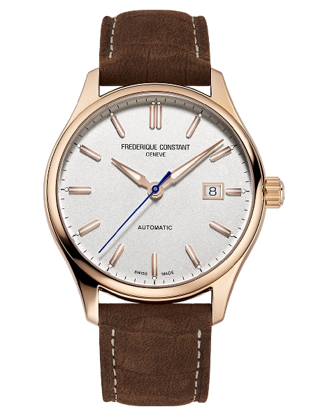 Stainless Steel with Rose Gold Finish 40mm Round Case; 26-Jewel FC-303 Automatic Movement; White and Rose Indexes on Silver Matte Dial; Brown Leather Nubuck Finishing Crocodile Pattern; Classic Automatic Collection; Swiss Made; Model FC-303NV5B4 by F