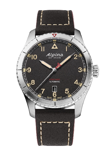 Startimer Pilot Automatic Watch; AL-525 Caliber Movement; 26 Jewels; Brushed and Polished Stainless Steel Case; 41mm Diameter; Convex Sapphire Crystal with Anti-reflective Coating; Black Matte Finish Dial; Beige Markers; Polished Silver Second Hand w