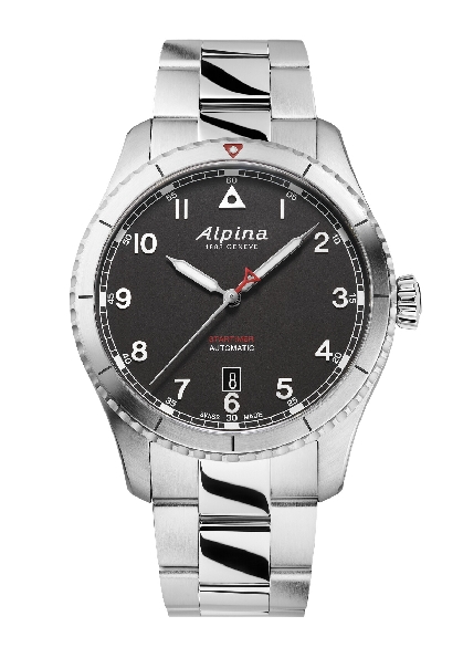Startimer Pilot Automatic Watch; AL-525 Caliber Movement; 26 Jewels; Brushed and Polished Stainless Steel Case; 41mm Diameter; Convex Sapphire Crystal with Anti-reflective Coating; Black Matte Finish Dial; White Markers; Polished Silver Second Hand w