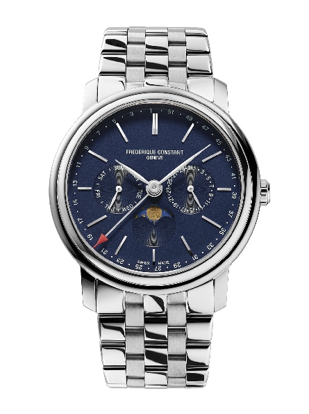 Stainless Steel 40mm Round Case; 5-Jewel FC-270 Quartz Movement; Silver Indexes on Blue Dial; Multi-dial with Moonphase; Stainless Steel with Deployant Clasp; Classic Index Business Timer Quartz Collection; Swiss Made; Model FC-270N4P6B by Frederique