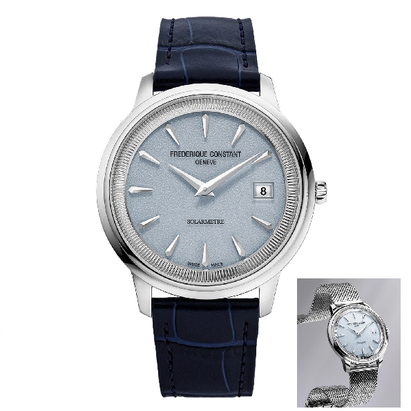 Stainless Steel 39mm Round Case with Coin Edge Bezel; FC-120 Solar Quartz Movement; Ice Blue Grained-effect Dial; Silver Diamond-cut Indexes; Silver Hour and Minute Hands; Nvy Blue Leather Strap with Interchangable Silver Option; Swiss Made; Model FC