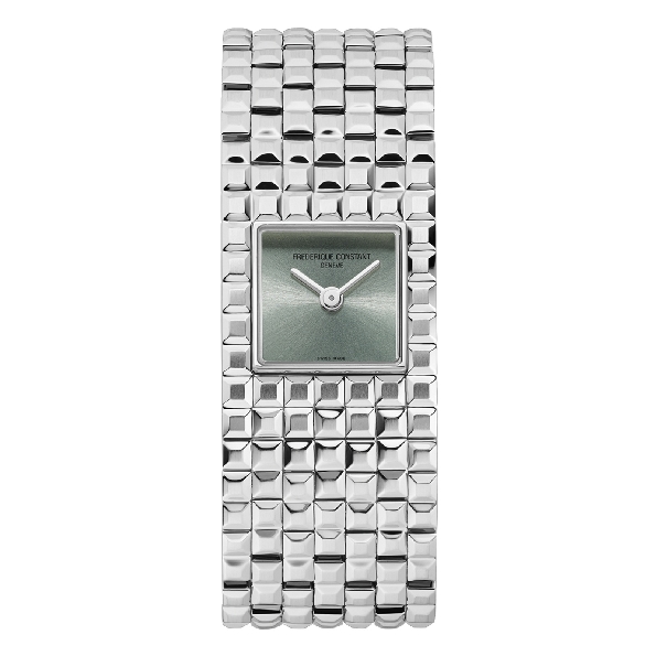 Stainless Steel 20mm Square Case; Swiss Made; FC-200 Quartz Movement; Anti-reflective Sapphire Crystal; Mint Green Dial; Sculptural Stainless Steel Bracelet with Fold-over Clasp; from the Classic Manchette Collection; Model FC-200GR1MC6B by Frederiqu