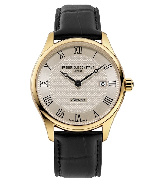 Stainless Steel 40mm Round Case; FC-220 Quartz Movement; Black Indexes on Golden Dial; Clous de Paris Guilloche Centre; Black Genuine Leather Strap; Classic Quartz Collection; Swiss Made; Model FC-220CR5B5 by Frederique Constant
