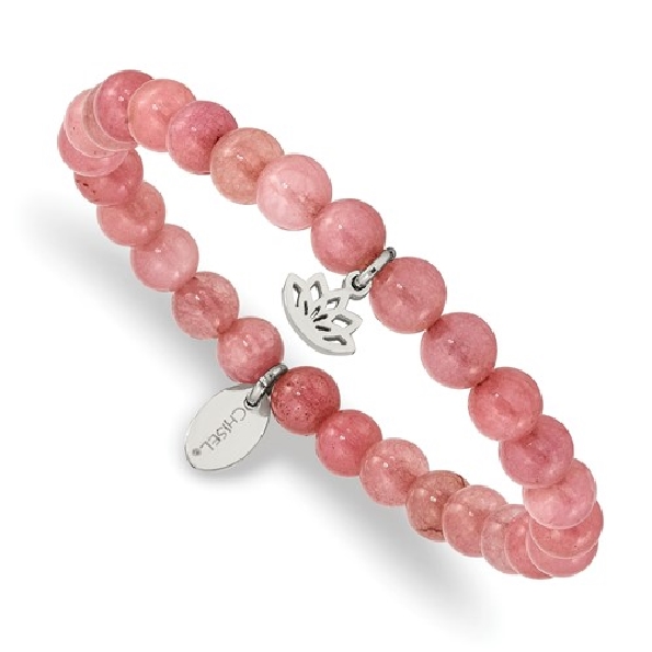 Lotus Pink Jade Stainless Steel Bead Stretch Bracelet