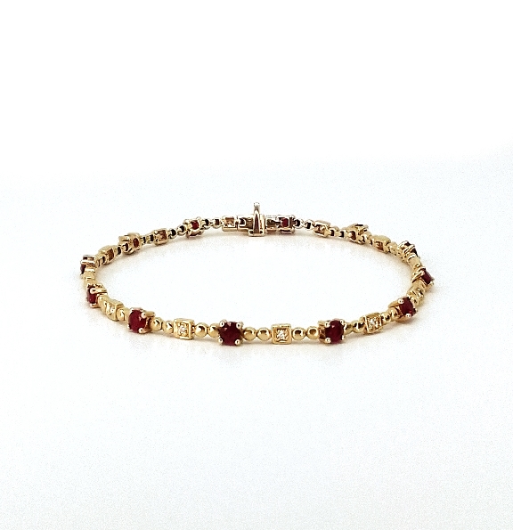 Ruby 1.61ctw with 0.12ctw Diamond Square and Bead Link 14K Yellow Gold Bracelet - 7 Inch