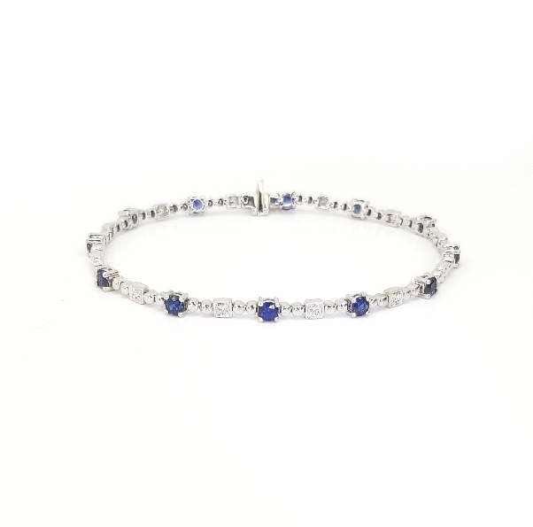 Sapphire 1.81ctw with 0.11ctw Diamond Square and Bead Link 14K White Gold Bracelet - 7 Inch