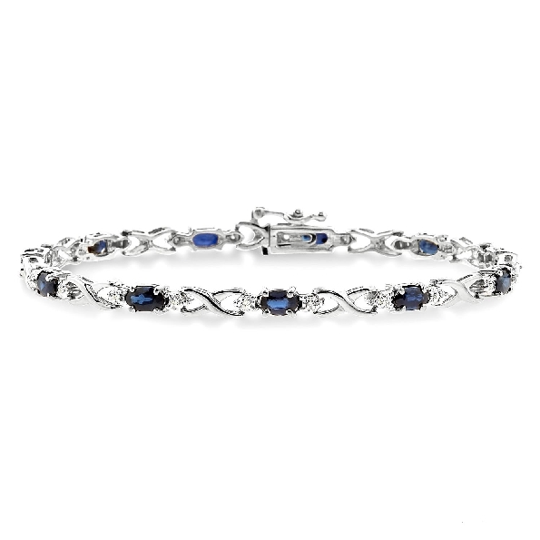 Oval Blue Sapphire with 0.10ctw Single Cut Diamond I1 Clarity; IJ Colour 10K White Gold Bracelet - 7 inch