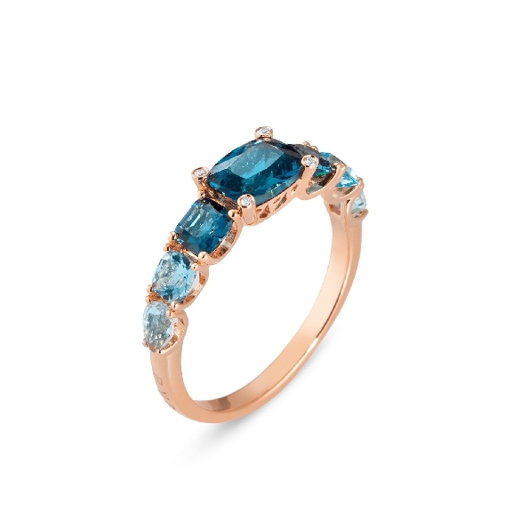 Mixed Blue Topaz Graduated Cushion and Pear with 0.02ctw Diamonds 18K Rose Gold Ring from the Iris Collection by Ponte Vecchio Gioielli