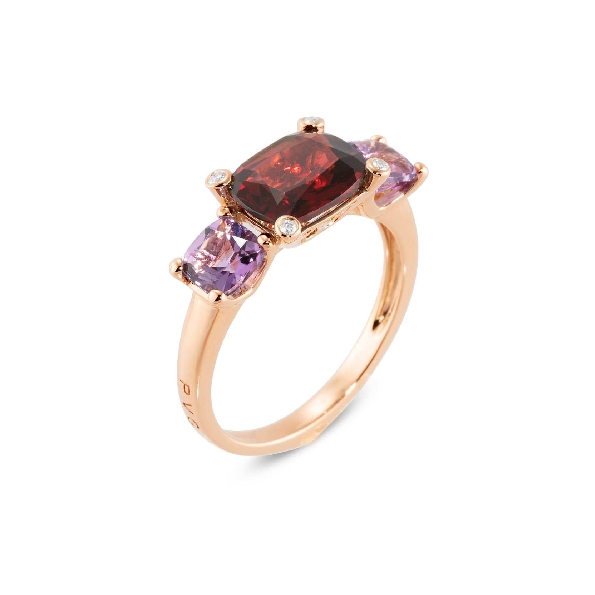 Garnet Cushion 2.40ct with 0.02ctw Diamond Accents and 1.05ctw Amethyst Cushion Side Stones 18K Rose Gold Ring from the Iris Collection by Ponte Vecchio Gioielli