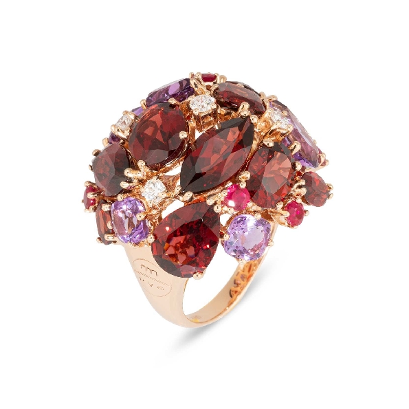 Mixed Shape Garnet; Amethyst and Ruby Gemstones with 0.27ctw Diamond Domed Cluster Cocktail Ring 18K Rose Gold from the Iris Collection by Ponte Vecchio Gioielli