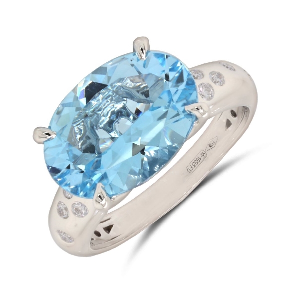 Sky Blue Topaz Oval 5.50ct with 0.12ctw Scattered Diamonds 18K White Gold Ring from the Iris Collection by Ponte Vecchio Gioielli