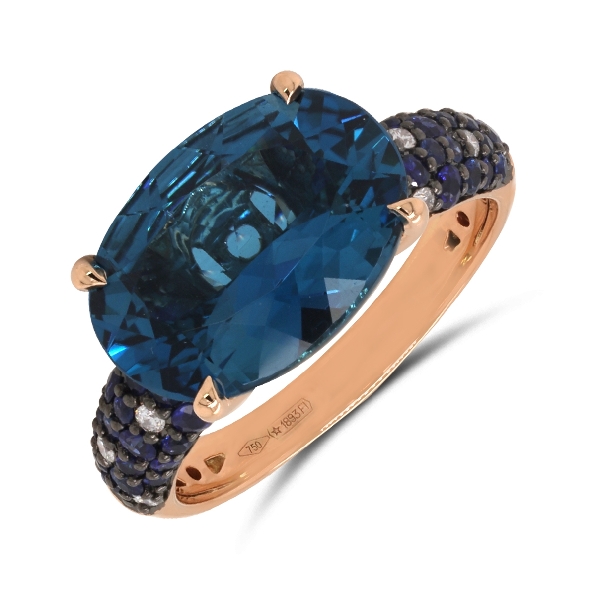 London Blue Topaz Oval 6.53ct with Pave 0.80ctw Sapphire and 0.10ctw White Diamonds 18K Rose Gold with Black Rhodium Ring from the Iris Collection by Ponte Vecchio Gioielli