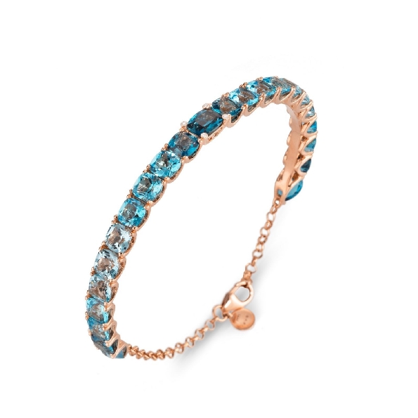 Mixed Blue Topaz Cushion and Pear Cuff with Chain 0.03ctw Diamonds 18K Rose Gold Bracelet from the Iris Collection by Ponte Vecchio Gioielli