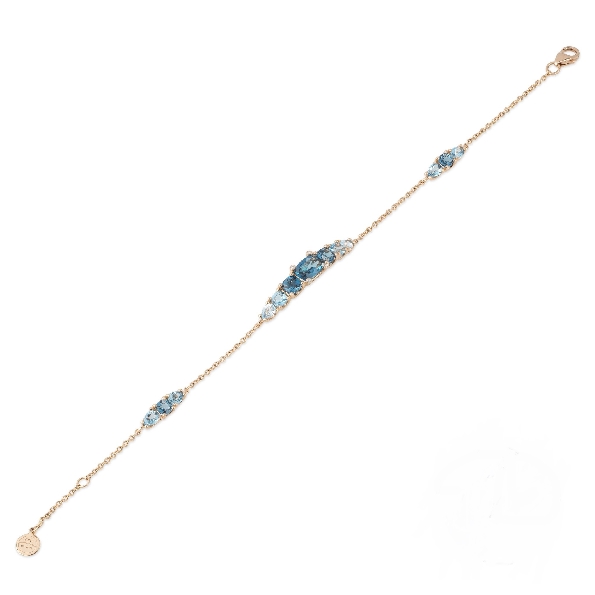 Mixed Blue Topaz Cushion and Pear Station Chain 0.02ctw Diamonds 18K Rose Gold Bracelet from the Iris Collection by Ponte Vecchio Gioielli