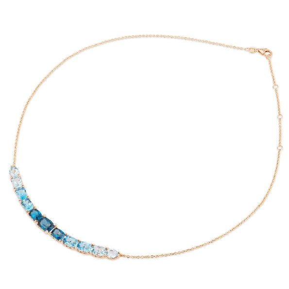 Mixed Blue Topaz 11.19ctw Graduated Cushion and Pear with 0.02ctw Diamond Accent Curved Bar 18K Rose Gold Necklace from the Iris Collection by Ponte Vecchio Gioielli - 16.5 Inch