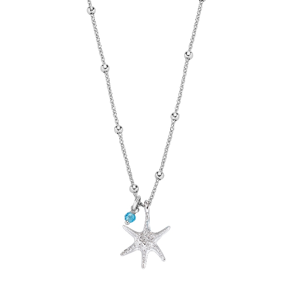Sterling Silver Starfish with Light Blue Crystal and Decorative Beaded Chain - 17 Inch Adjustable