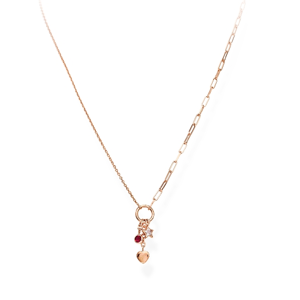 Sterling Silver with Rose Gold Finish Three Charm - Heart; Pink CZ; Star CZ Paperclip Link Necklace  -16 Inch Adjustable