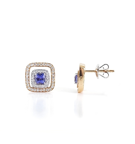Cushion Tanzanite 0.72ctw with 0.54ctw Diamond VS1 Clarity; G Colour Butterfly 18K Pink Rose and White Gold Stud Earrings by Ponte Vecchio Gioielli