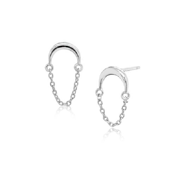 Crescent Moon with Chain Dangle Rhodium Finished Sterling Silver Stud Earrings