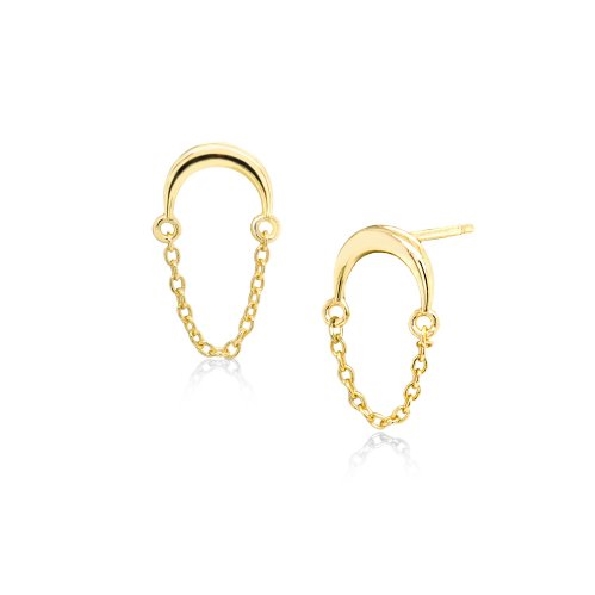 Crescent Moon with Chain Dangle Yellow Gold Plate Sterling Silver Stud Earrings