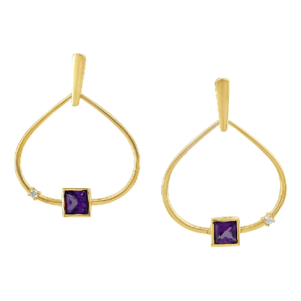 0.058ct Fire and Ice Diamond I1 Clarity; G-I Colour (CAD95427; CAD95406) Outline Pear with Square Bezel Purple Crystals 10K Yellow Gold Drop Earrings - Made in Canada 