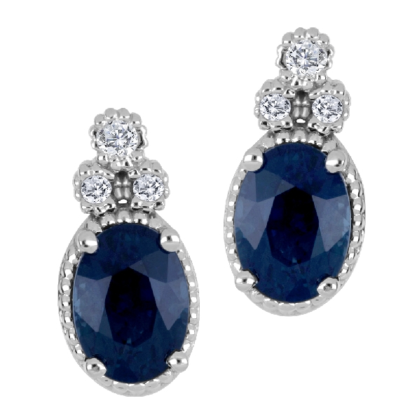 0.053ct Fire and Ice Canadian Diamond I1 Clarity; G-I Colour (CAD183432; CAD183427) with 0.04ct Accent Diamonds Oval Sapphire Filigree Milgrain Detail 10K White Gold Stud Earrings - Made in Canada 