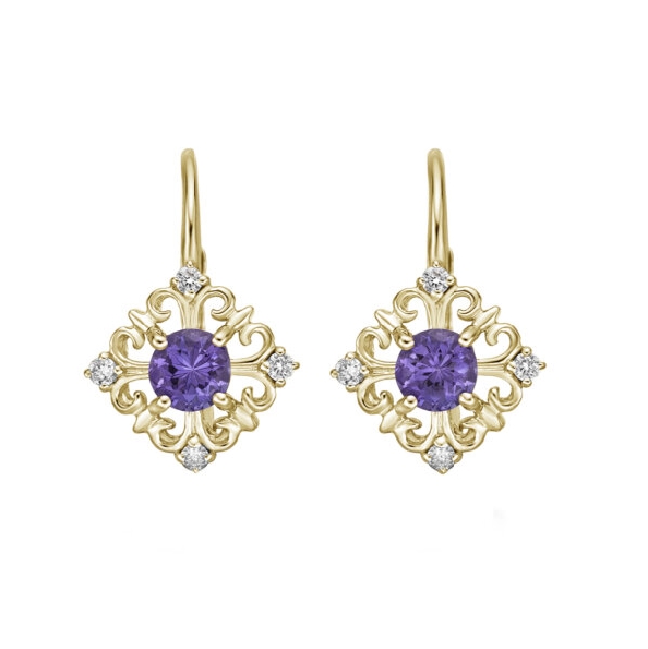 Amethyst with 0.10ctw Diamond Filigree Design 10K Yellow Gold Lever Back Earrings