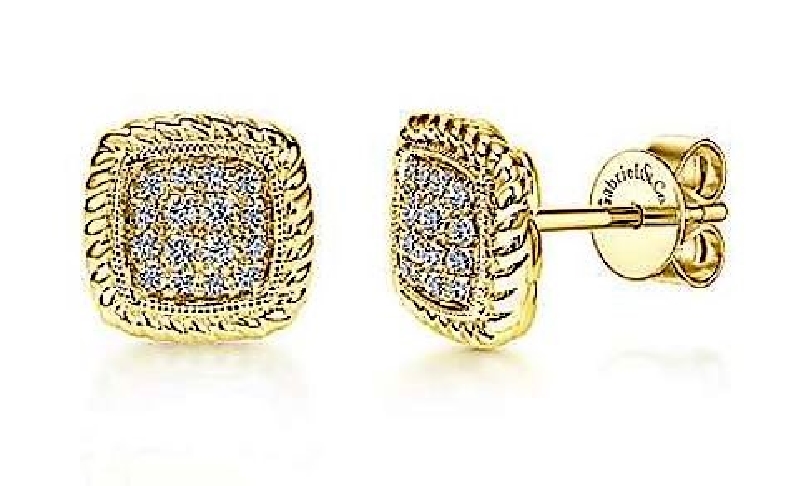 0.17ctw Square Pave Diamond Rope Design 14K Yellow Gold Stud Earrings from the Hampton Collection by Gabriel & Co. - Serial No. S1041057