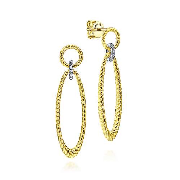 0.07ctw Diamond Oval Rope Design Dangle 14K Yellow and White Gold Drop Earrings from the Hampton Collection by Gabriel & Co. - Serial No. S1210865