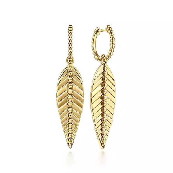 Plain Gold Leaf Dangle 14K Yellow Gold Beaded Huggie Earrings from the Bujukan Collection by Gabriel & Co. - Serial No. S1750404