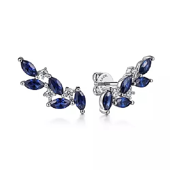 Marquise Blue Sapphire 1.88ctw and 0.18ctw Diamond Olive Branch 14K White Gold Climber Earrings from the Lusso Color Collection by Gabriel & Co. - Serial No. S1573588