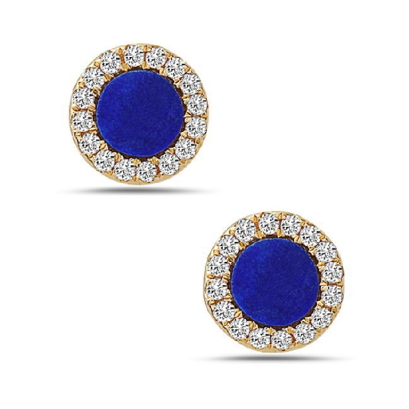 Blue Lapis with 0.09ctw Diamond Halo 14K Yellow Gold Stud Earrings by Bassali Jewellery