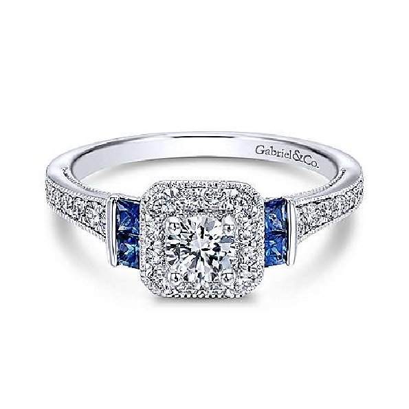 0.32ctw Diamond SI Clarity; GH Colour with Blue Sapphire Accents  Milgrain Halo Cubic Zirconia Centre Solitaire 14K White Gold Ring by Gabriel & Co. - Serial No. S899023 - Size 6 1/4 - 50% Off Black Friday Event - Final Sale