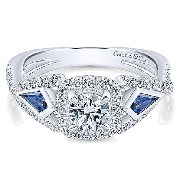 0.56ctw Diamond SI Clarity; GH Colour with Kite Shape Blue Sapphire Accents Halo Criss Cross Cubic Zirconia Centre 14K White Gold Ring by Gabriel & Co. - Serial No. S899024 - Size 6 1/4 - 50% Off Black Friday Event - Final Sale