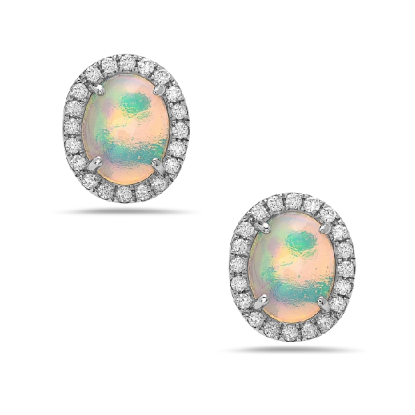 2.04ctw Oval Opal with 0.38ctw Diamond Halo 14K White Gold Earrings by Bassali Jewellery