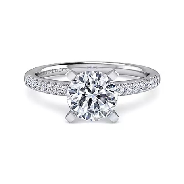 0.16ctw Diamond SI2 Clarity; GH Colour Accent Stones with Round Cubic Zirconia Centre Solitaire 14K White Gold Ring Mount from the Classic Collection by Gabriel & Co. - Fits 2ct centre- Serial No. S1754997