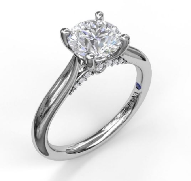 0.07ctw Diamond VS-SI Clarity; FG Colour Love Forever Round Solitaire with Decorative Bridge set with Round Cubic Zirconia and Blue Sapphire Signature Stone 14K White Gold Ring Mount by Fana