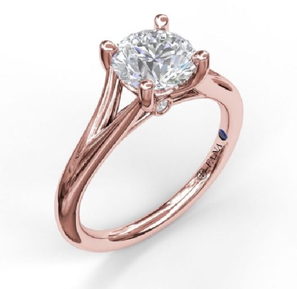 0.02ctw Diamond VS-SI Clarity; FG Colour Round Delicate Split Solitaire with Bezel Set accent Diamonds Empty Centre and Blue Sapphire Signature Stone 14K Rose Gold Ring Mount by Fana