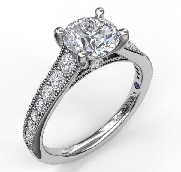 0.40ctw Diamond VS-SI Clarity; FG Colour Classic Round Milgrain Diamond Band Solitaire with Bezel Set accent Diamonds set with Round Cubic Zirconia Centre and Blue Sapphire Signature Stone 14K White Gold Ring Mount by Fana