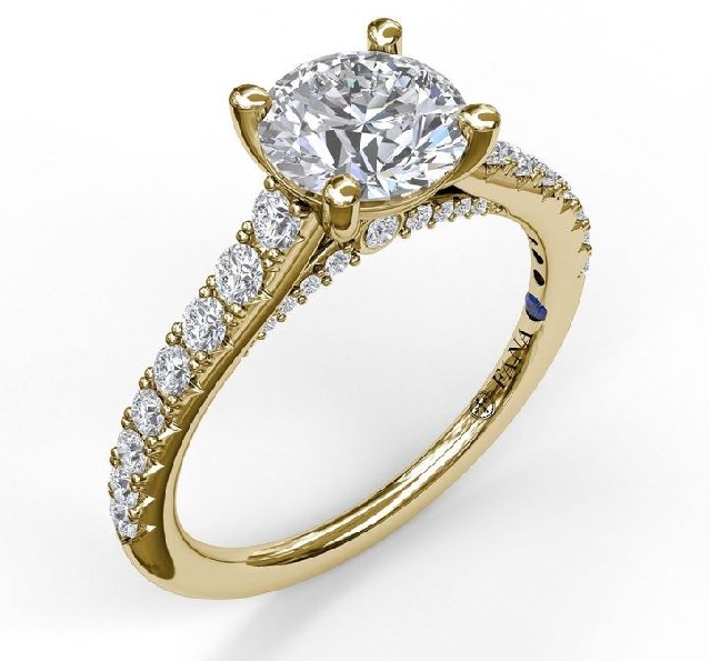 0.47ctw Diamond VS-SI Clarity; FG Colour Delicate Classic Solitaire with Delicate Side Detail Bezel Set accent Diamonds set with Round Cubic Zirconia Centre and Blue Sapphire Signature Stone 14K Yellow Gold Ring Mount by Fana