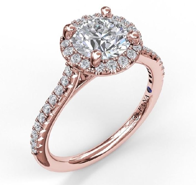 0.29ctw Diamond VS-SI Clarity; FG Colour Round Halo with Pave Diamond Band with Bezel Set accent Diamonds set with Round Cubic Zirconia and Blue Sapphire Signature Stone 14K Rose Gold Ring Mount by Fana