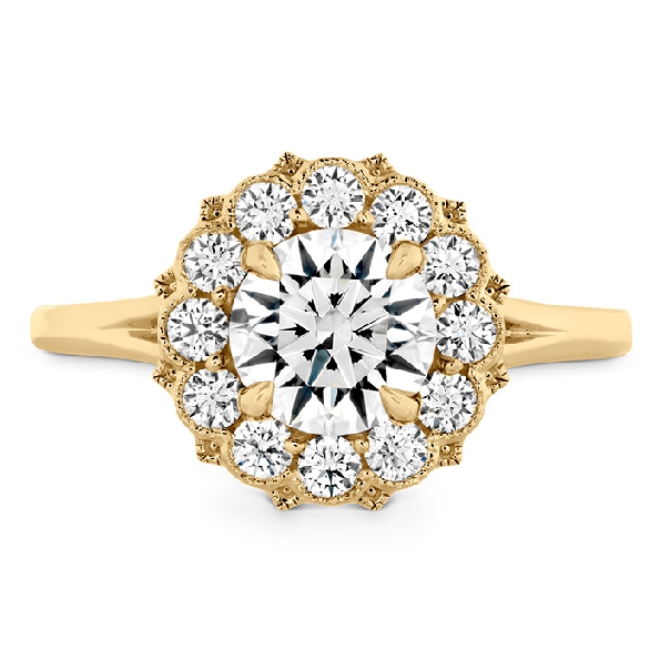 0.41ctw Hearts on Fire Diamond VS1-SI1 Clarity; GH Colour Liliana Halo 18K Yellow Gold Ring Mount set with HOF CZ centre.