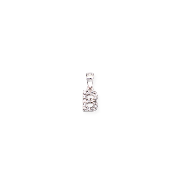 Sterling Silver White Cubic Zirconia Initial  B  Pendant with 16 Inch Box Chain