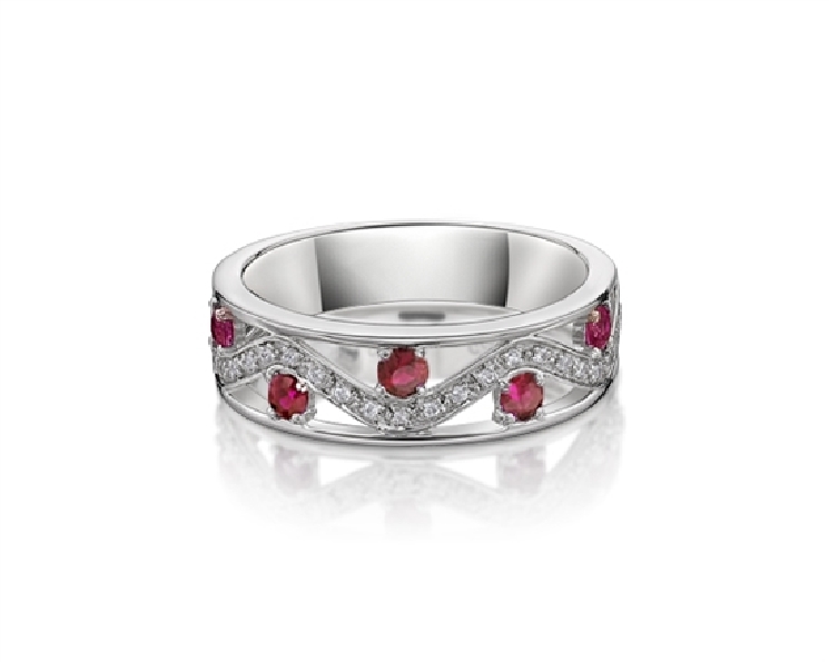Ruby with 0.11ctw Diamond Wide Band 10K White Gold Ring - Size 7